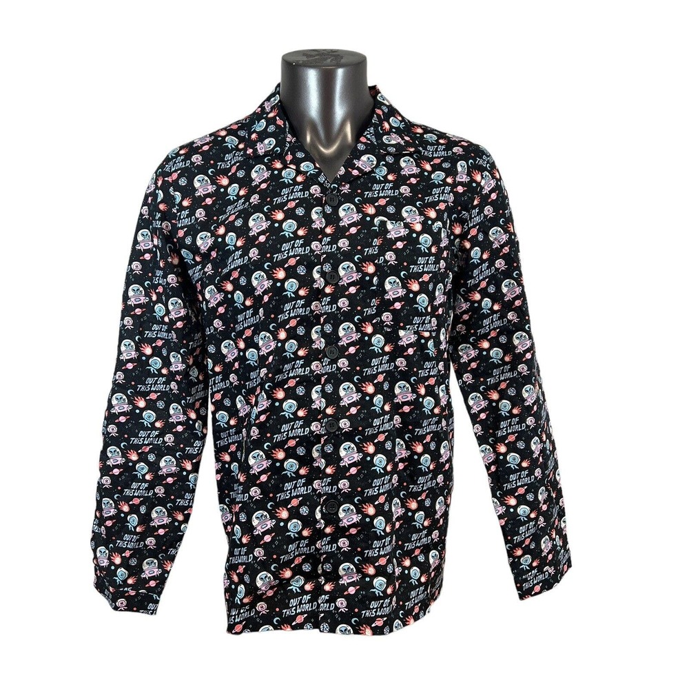 Topman Men's Button Up Shirt Spread Collar Long Sleeve Aliens UFO Black S/M